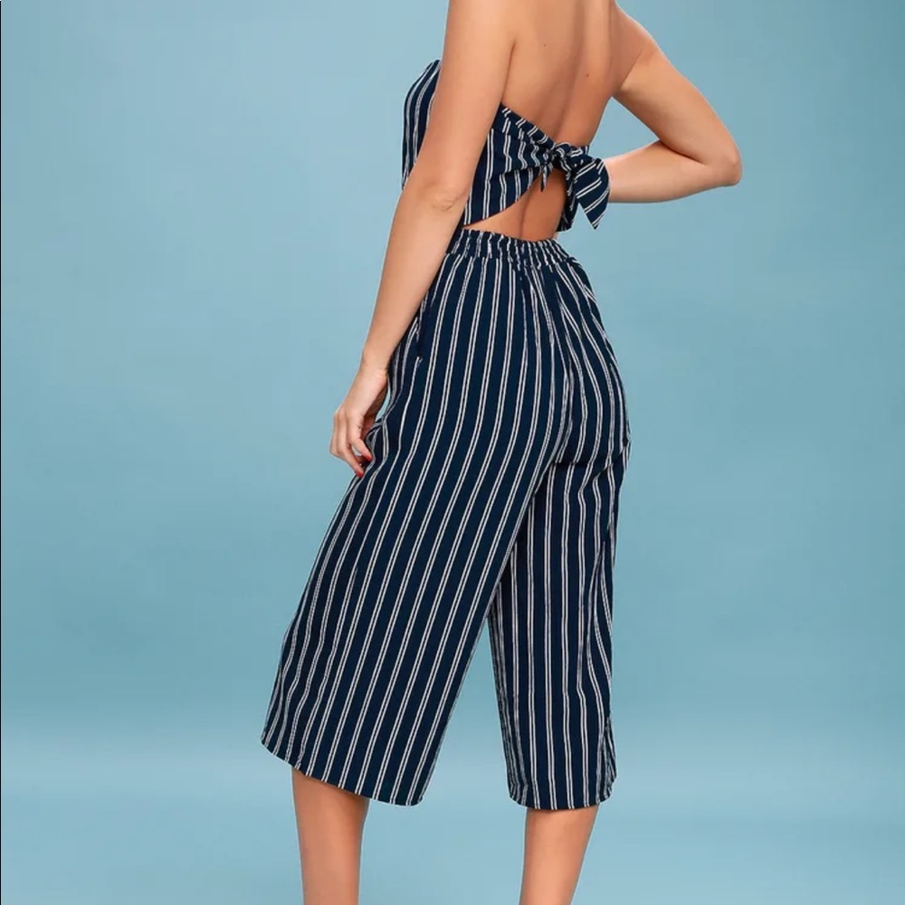 navy striped strapless middy jumpsuit